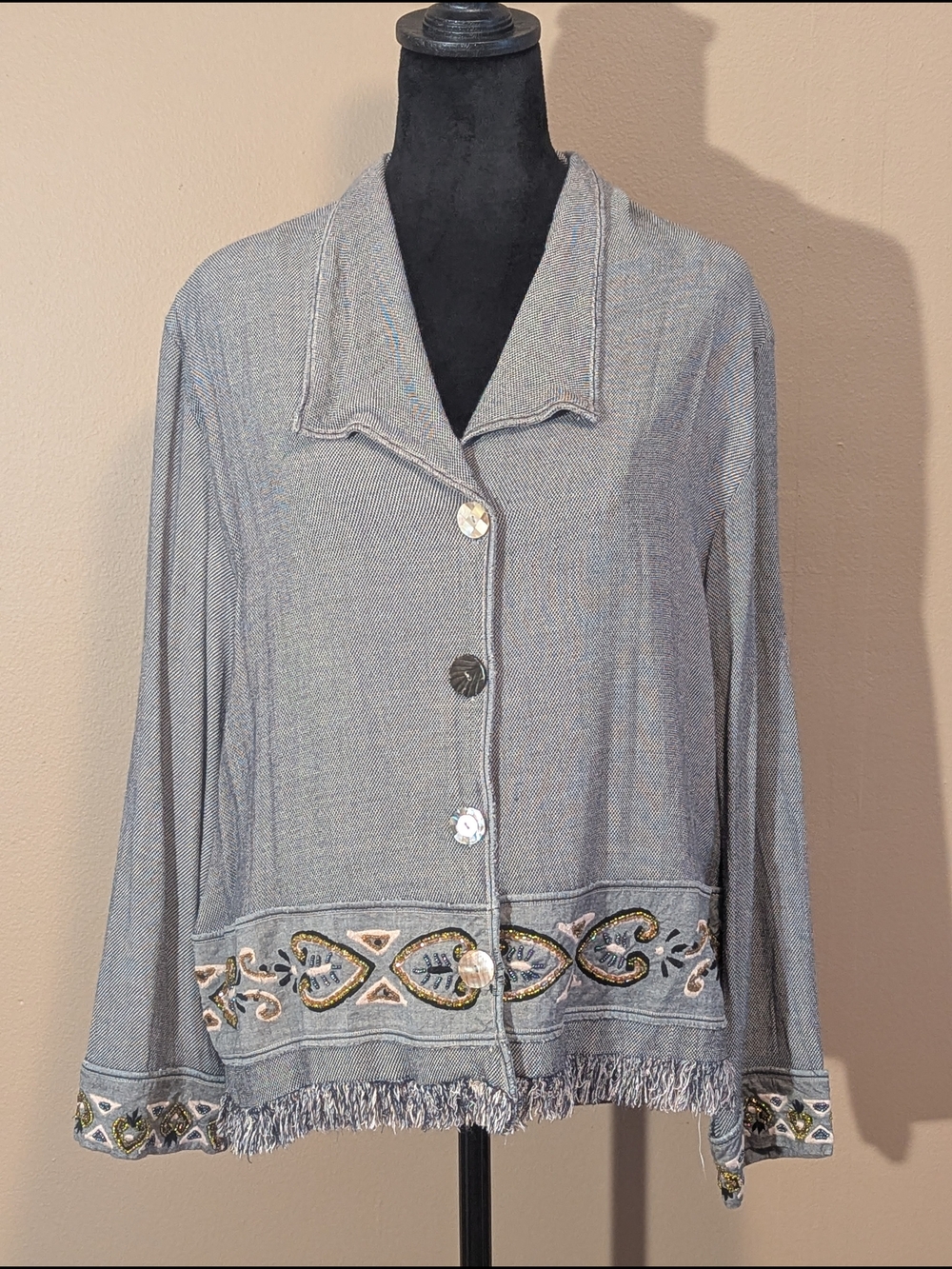 Women’s Heathered Gray Y2K Embroidered Button-Front Blazer Jacket. Sz XL.